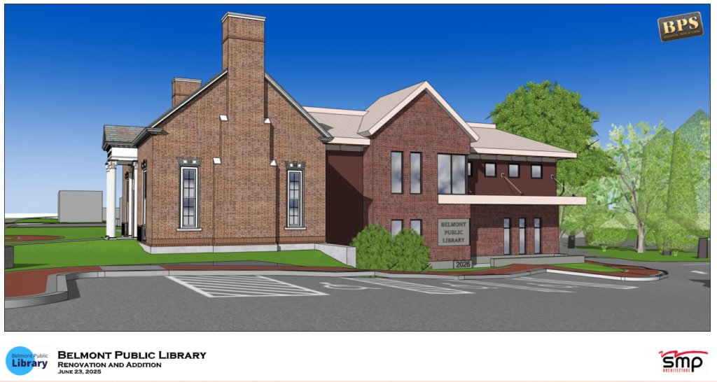 Concept art of the exterior view of the proposed library expansion. It shows the current, historic building from the side on the left and a coordinating addition to the rear on the right.