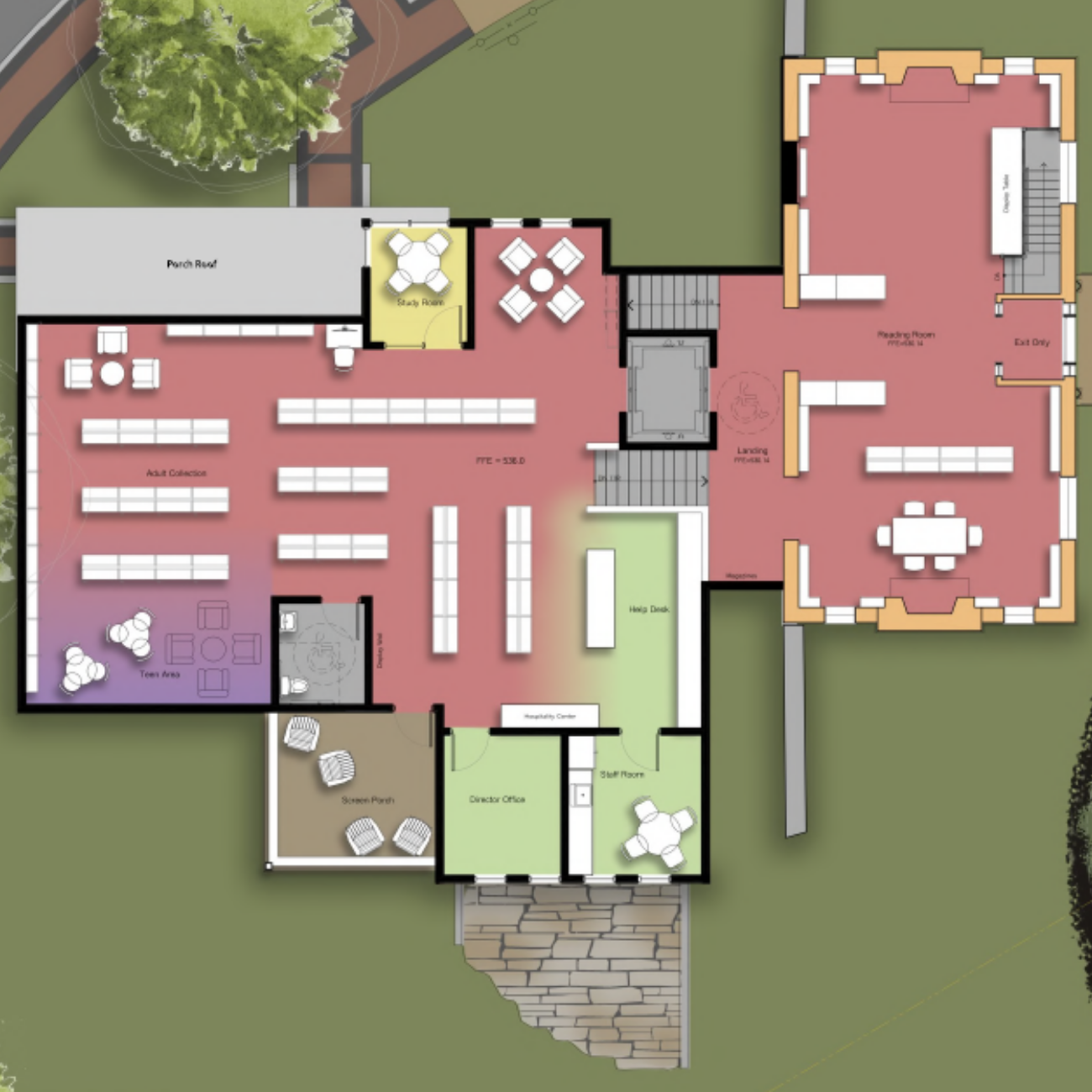 Zoomed in concept art of the upper levels of the library.