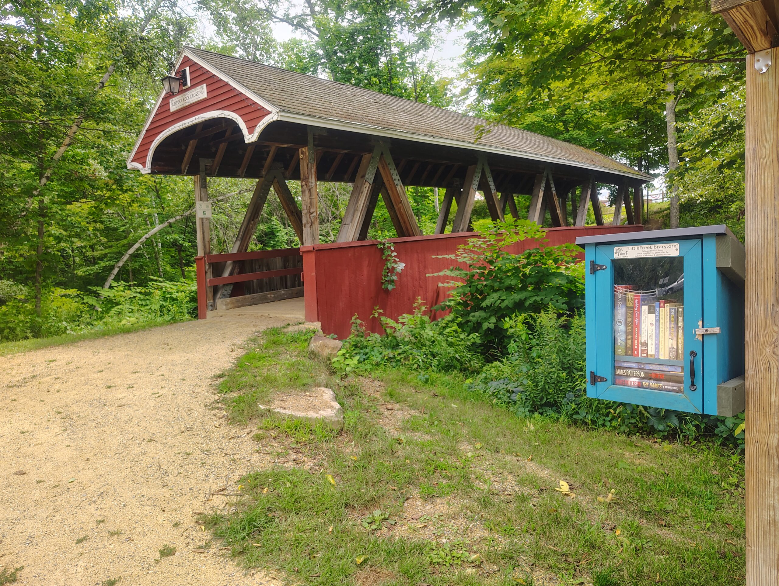 Little Free Library and Slippery Rock Crossing covered bridge