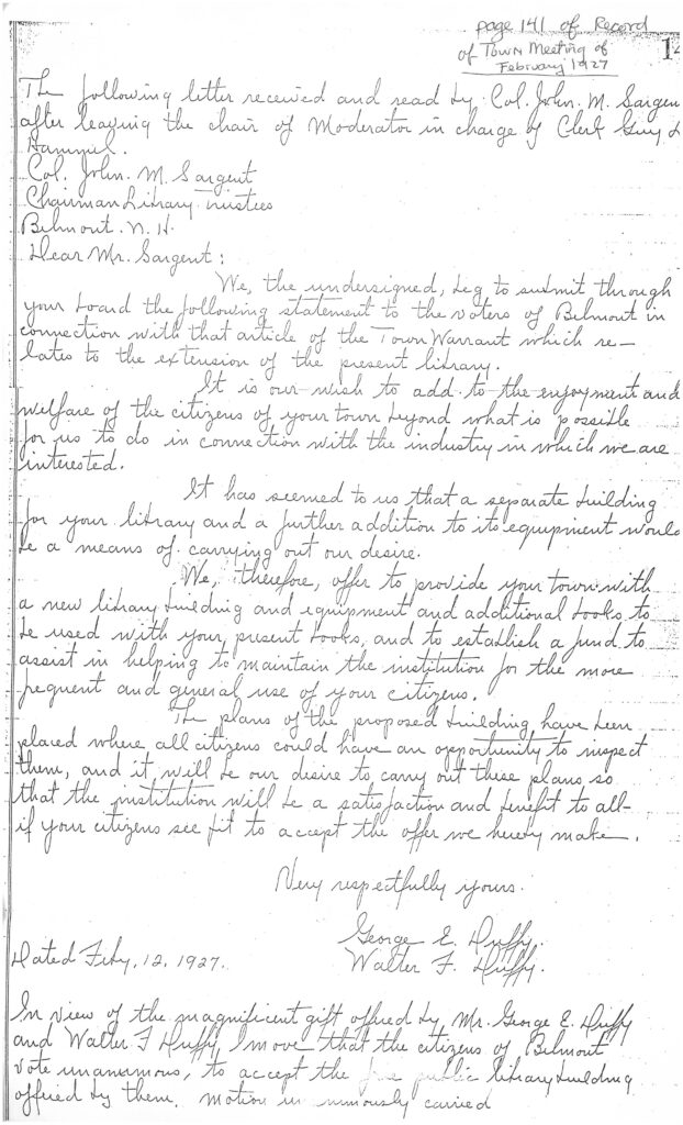 A scan of a 1927 record of town meeting, showing a hand-transcribed copy of a letter from the Duffy brothers to Mr. Sargent.