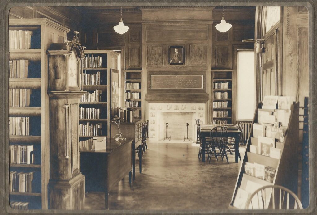 Interior of Belmont Public Library facing east at its opening in 1928.