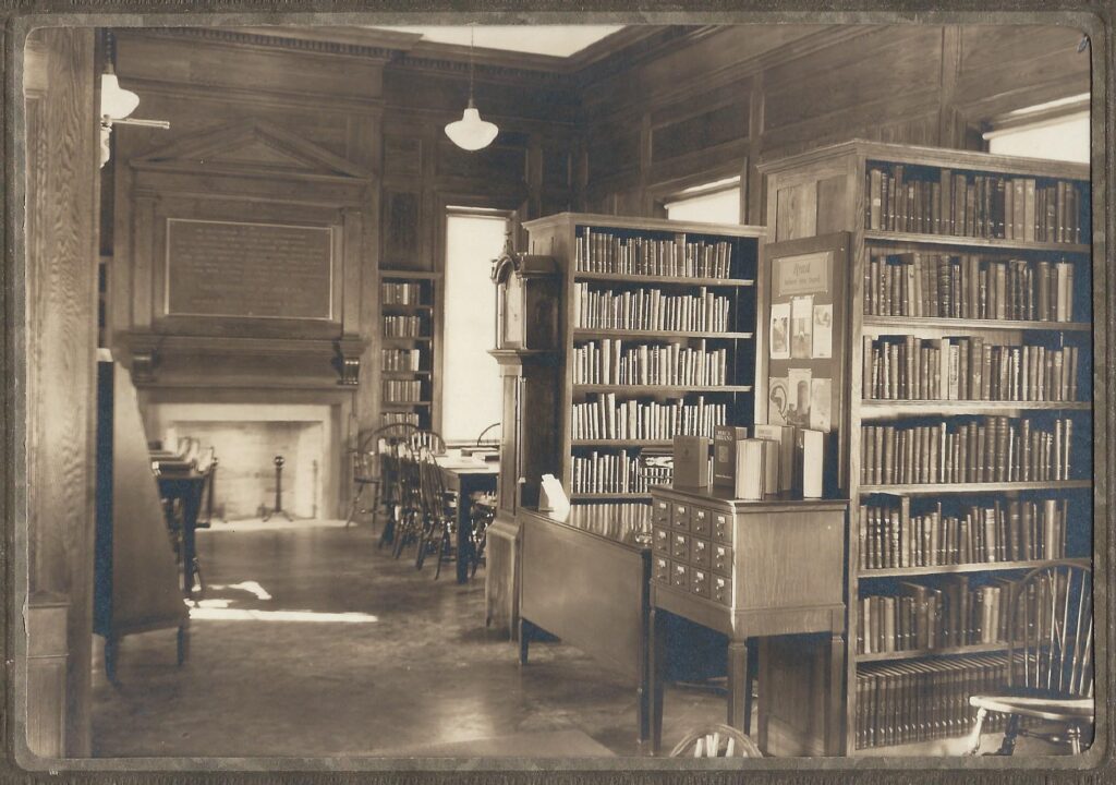 Interior of Belmont Public Library facing west at its opening in 1928.