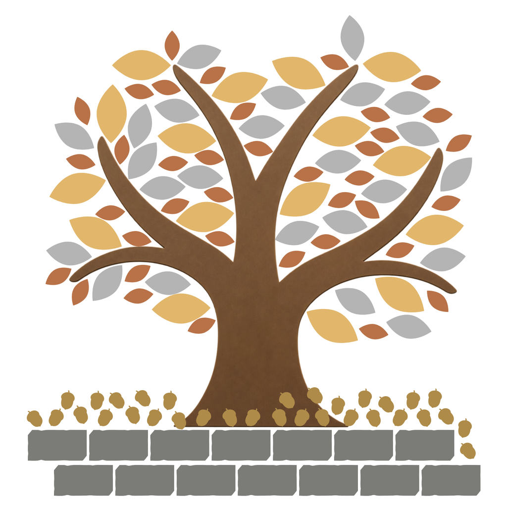 Conceptual illustration of the planned Legacy Builders recognition display, showing a tree with metallic leaves above a row of dark grey bricks. Acorns are scattered on top of the bricks.